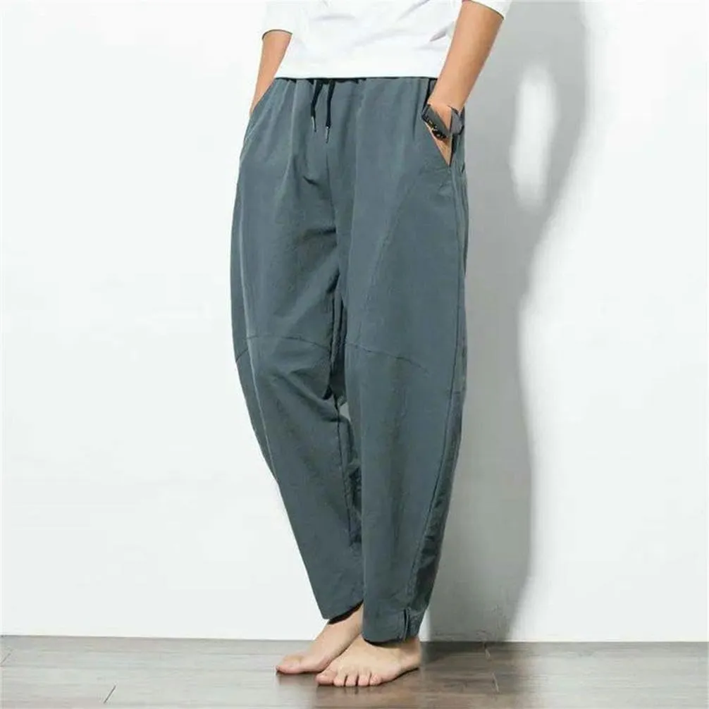 Men's Cotton Lightweight Breathable Summer Pants Chinese Style Harem Pants Solid Color Drawstring