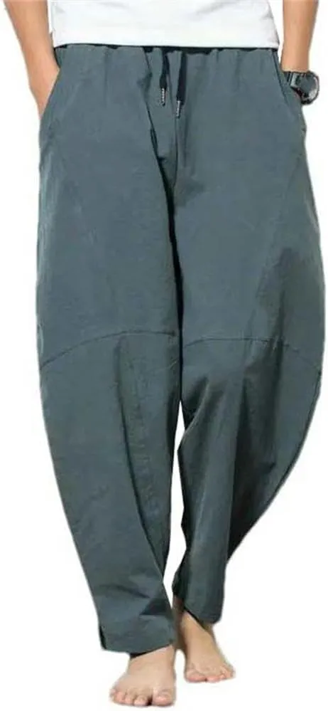 Men's Cotton Lightweight Breathable Summer Pants Chinese Style Harem Pants Solid Color Drawstring