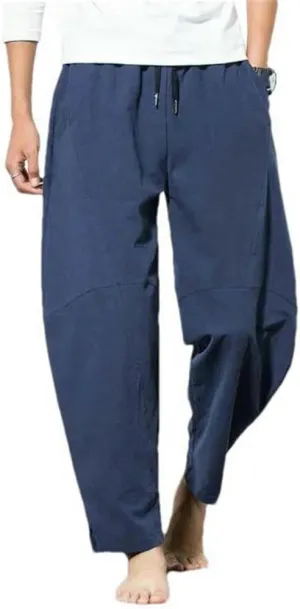Men's Cotton Lightweight Breathable Summer Pants Chinese Style Harem Pants Solid Color Drawstring