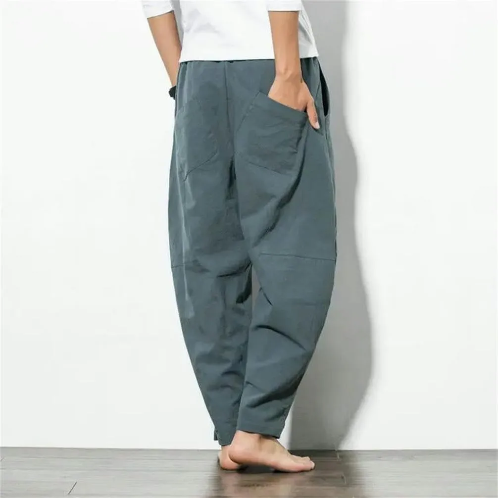 Men's Cotton Lightweight Breathable Summer Pants Chinese Style Harem Pants Solid Color Drawstring
