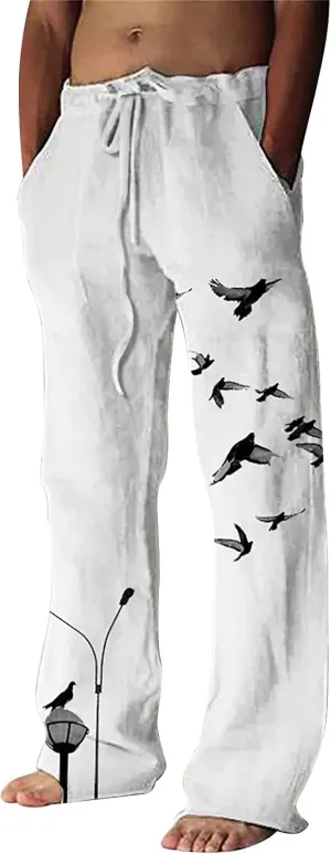 Mens Cotton Linen Drawstring Pants Elastic Waist Casual Jogger Yoga Pants Fashion Printing Oversized Lounge Pants S-5XL
