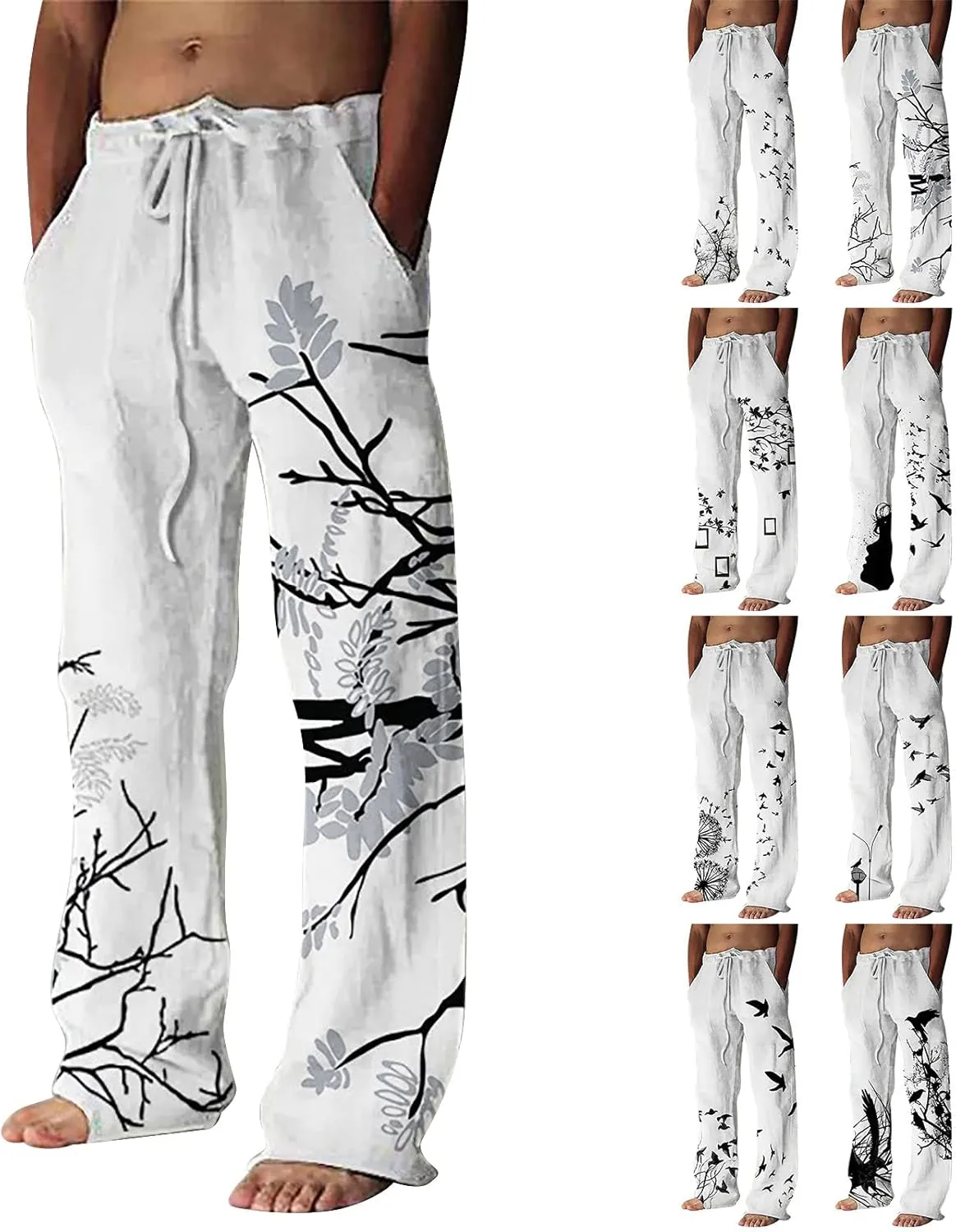 Mens Cotton Linen Drawstring Pants Elastic Waist Casual Jogger Yoga Pants Fashion Printing Oversized Lounge Pants S-5XL