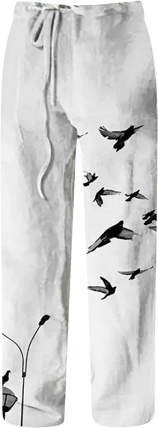Mens Cotton Linen Drawstring Pants Elastic Waist Casual Jogger Yoga Pants Fashion Printing Oversized Lounge Pants S-5XL
