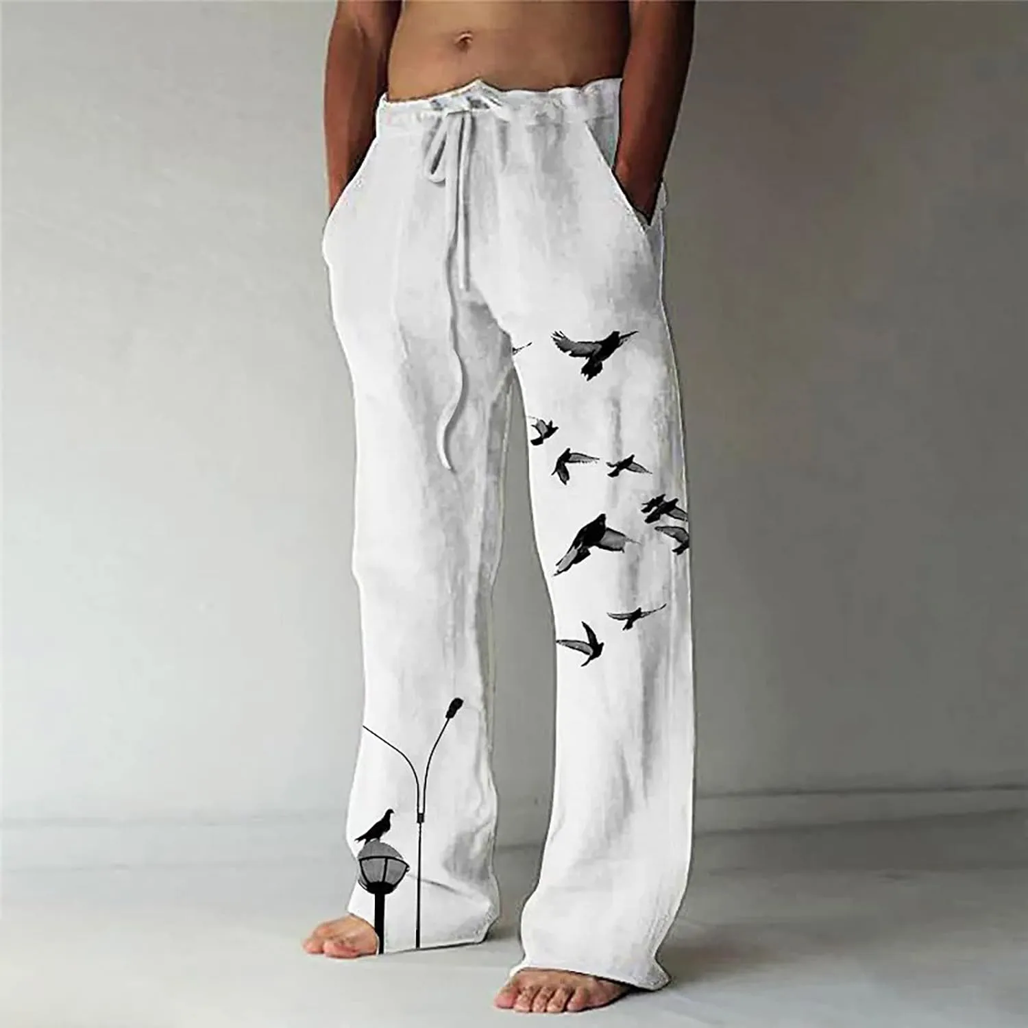 Mens Cotton Linen Drawstring Pants Elastic Waist Casual Jogger Yoga Pants Fashion Printing Oversized Lounge Pants S-5XL
