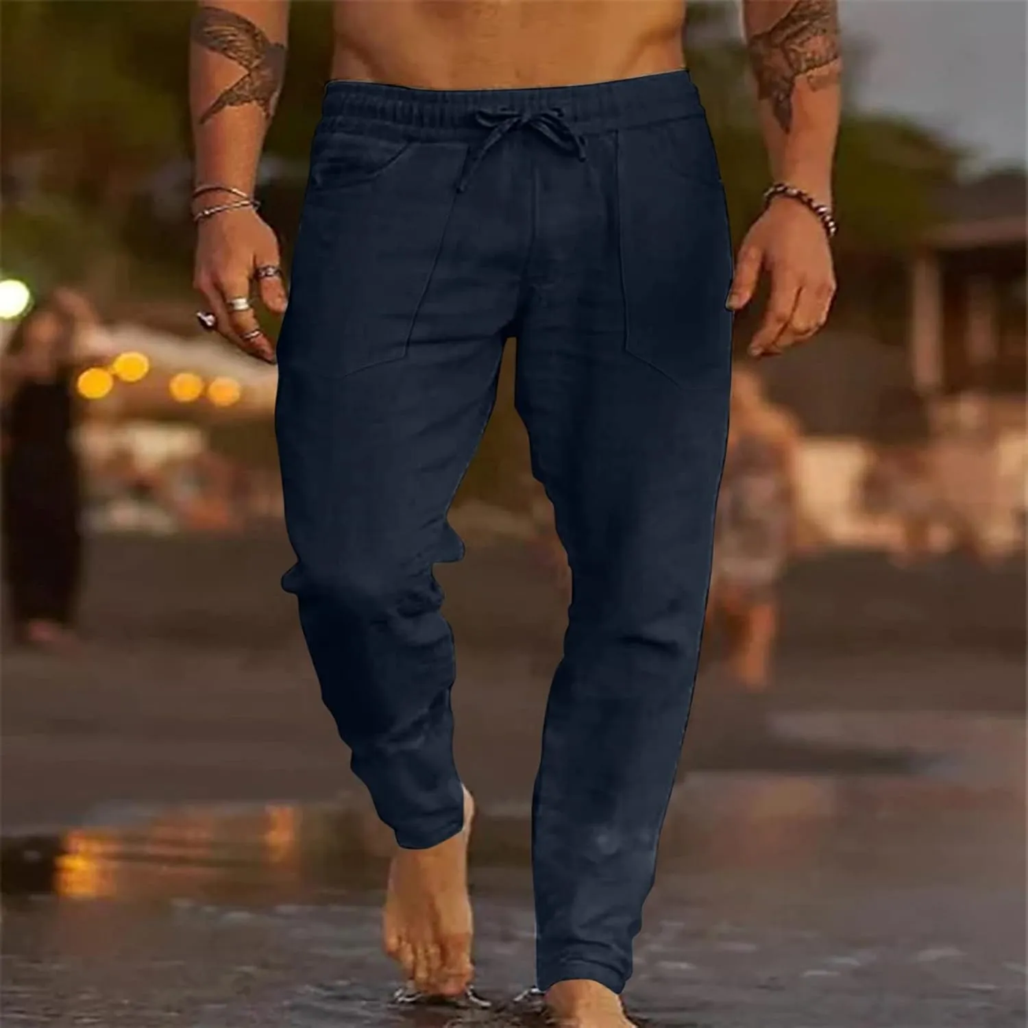 Men's Cotton Linen Loose Pants Casual Drawstring Elastic Waist Beach Trousers Solid Color Fashion Summer Trousers