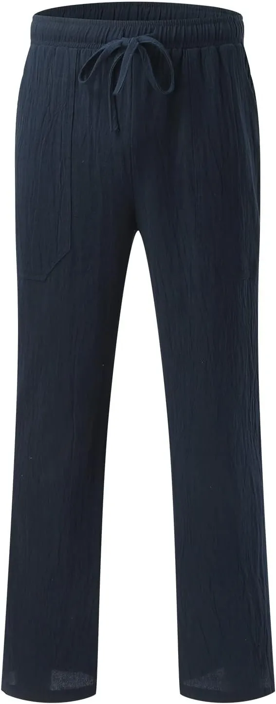 Men's Cotton Linen Loose Pants Casual Drawstring Elastic Waist Beach Trousers Solid Color Fashion Summer Trousers