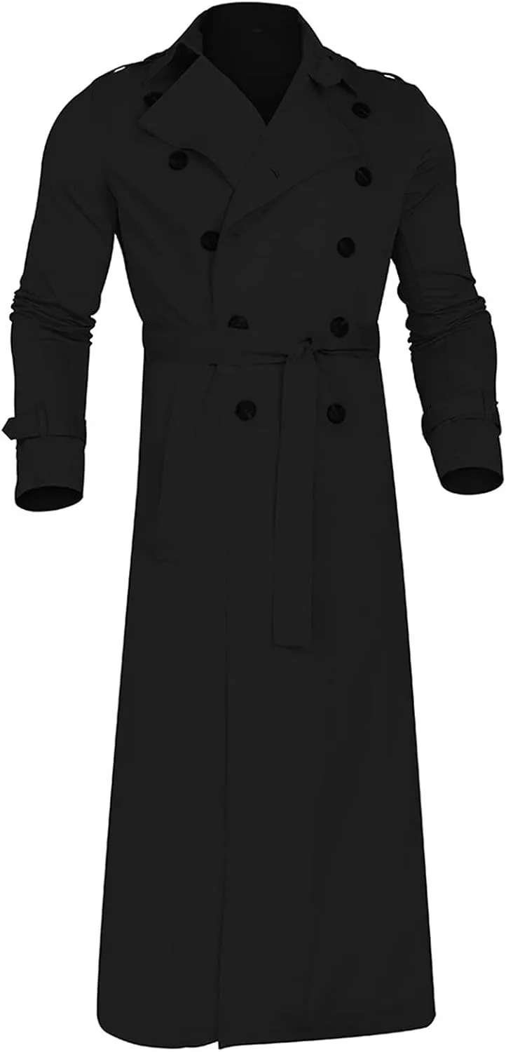 Men's Double Breasted Long Trench Coat Business Casual Oversized Windbreaker Notch Lapel Jacket Belted Windproof Overcoat