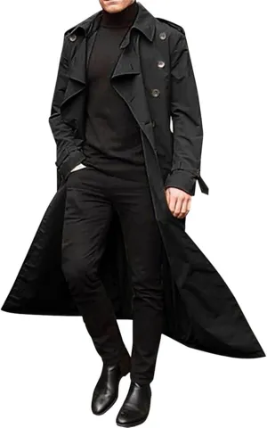 Men's Double Breasted Long Trench Coat Business Casual Oversized Windbreaker Notch Lapel Jacket Belted Windproof Overcoat
