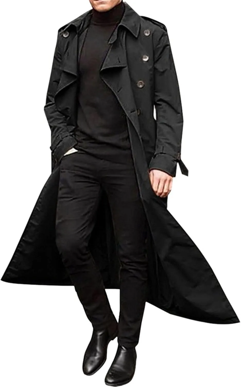 Men's Double Breasted Long Trench Coat Business Casual Oversized Windbreaker Notch Lapel Jacket Belted Windproof Overcoat