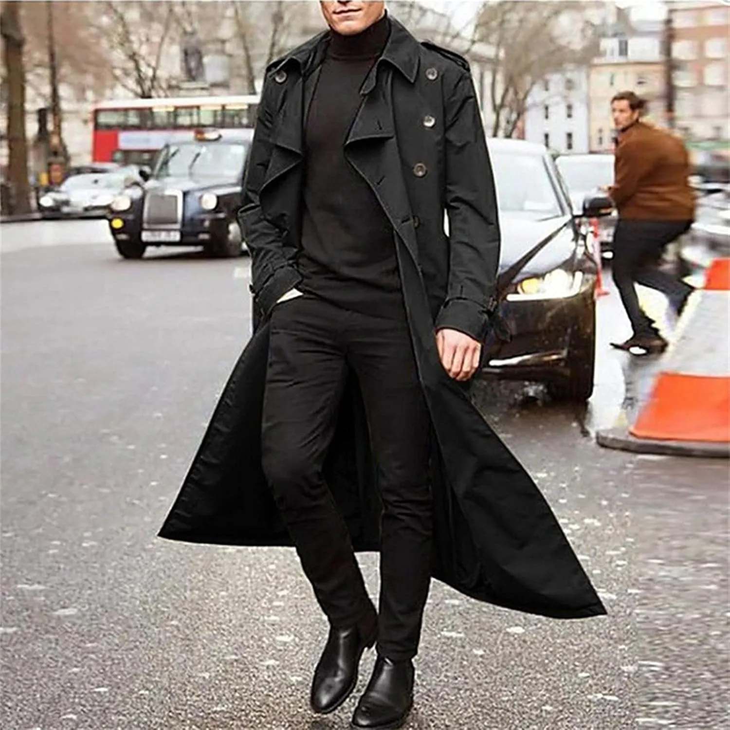 Men's Double Breasted Long Trench Coat Business Casual Oversized Windbreaker Notch Lapel Jacket Belted Windproof Overcoat