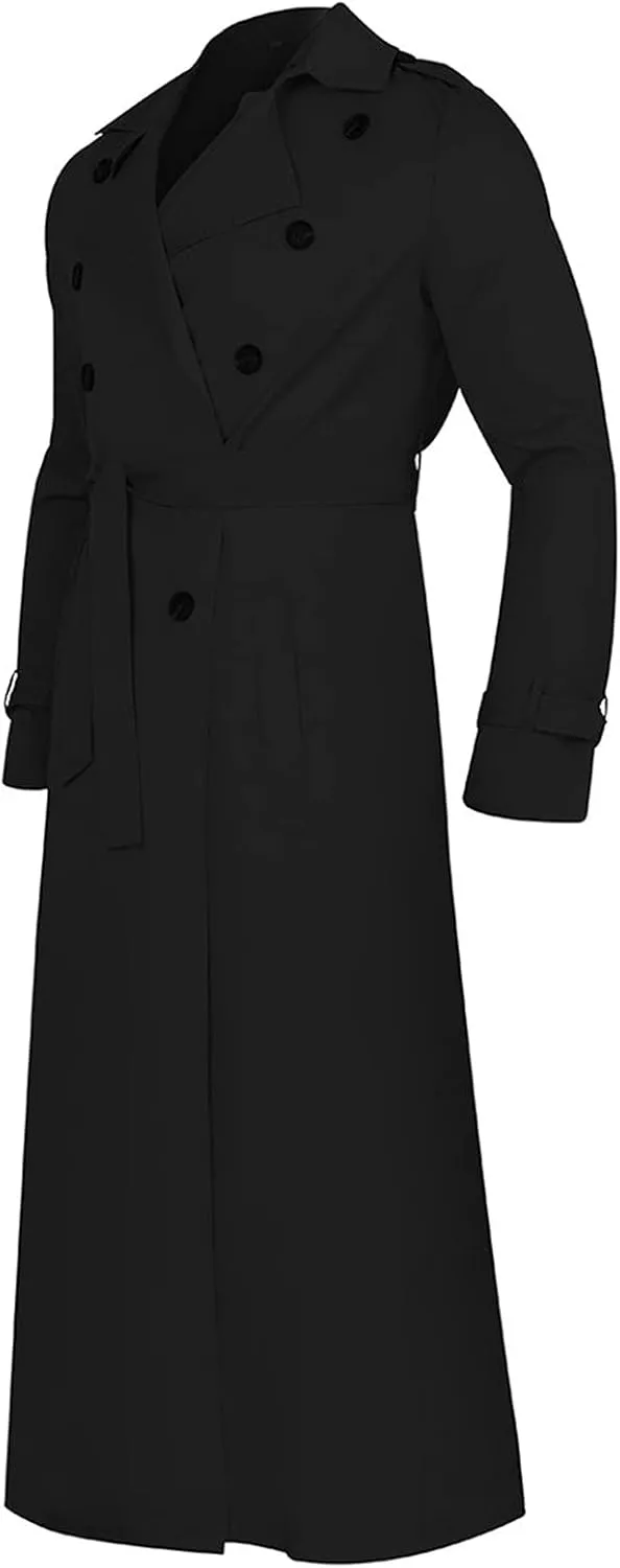 Men's Double Breasted Long Trench Coat Business Casual Oversized Windbreaker Notch Lapel Jacket Belted Windproof Overcoat