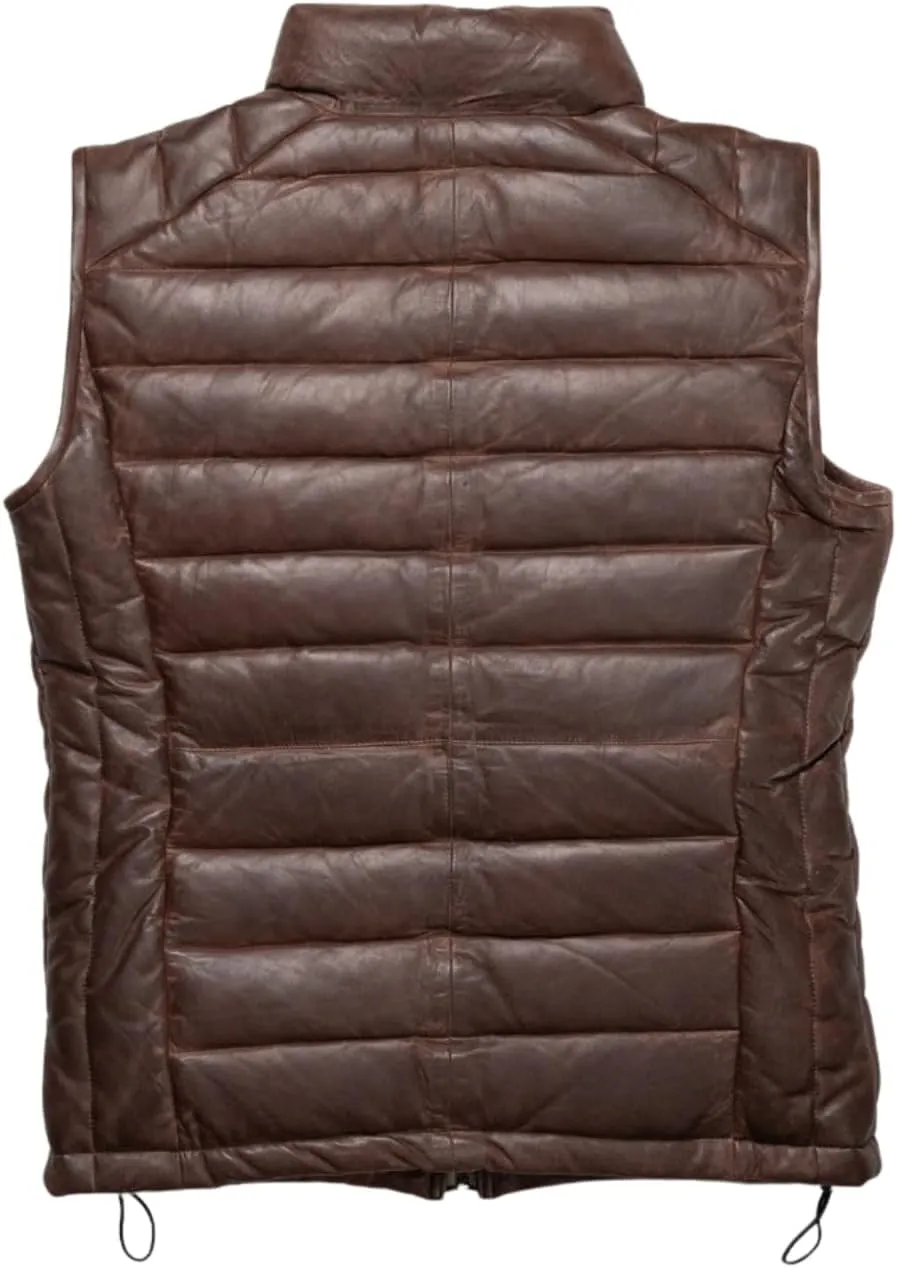 Mens Down Puffer Vest real lambskin leather Waistcoat Quilted Goosy Down Bubble Jacket