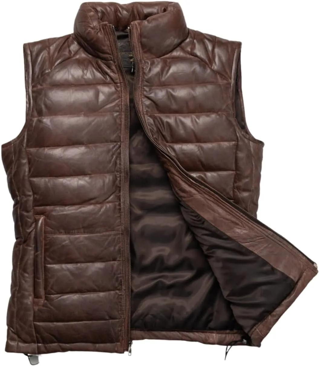 Mens Down Puffer Vest real lambskin leather Waistcoat Quilted Goosy Down Bubble Jacket