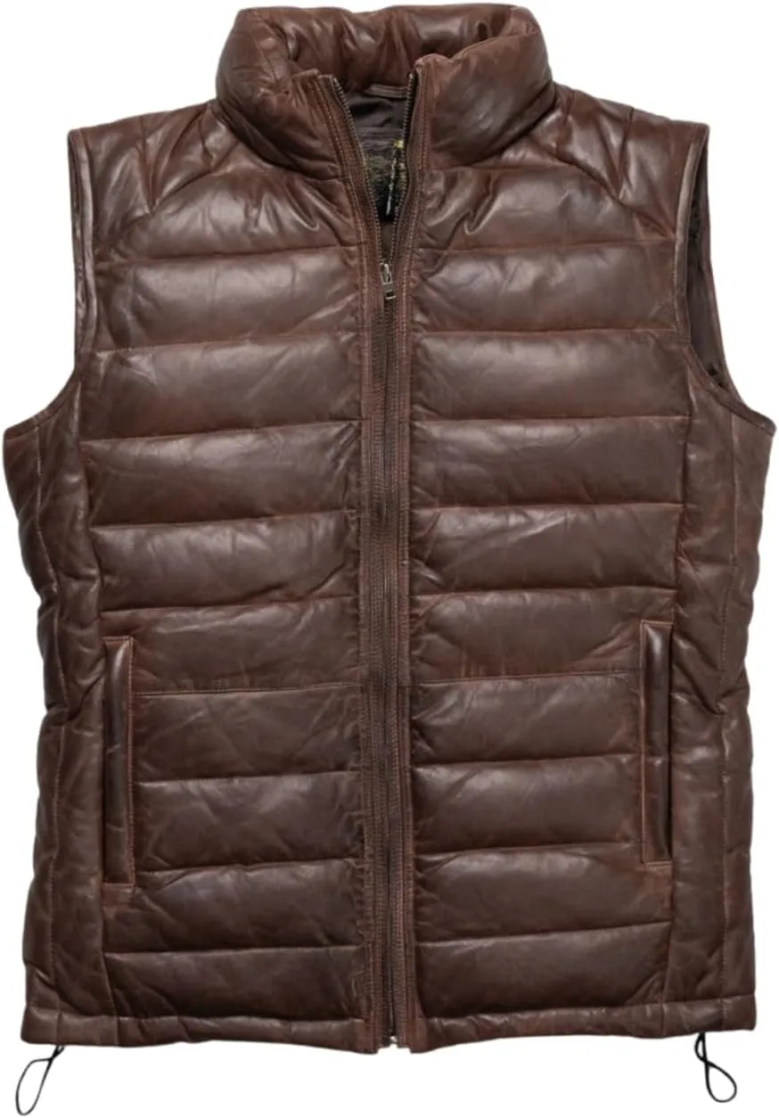 Mens Down Puffer Vest real lambskin leather Waistcoat Quilted Goosy Down Bubble Jacket