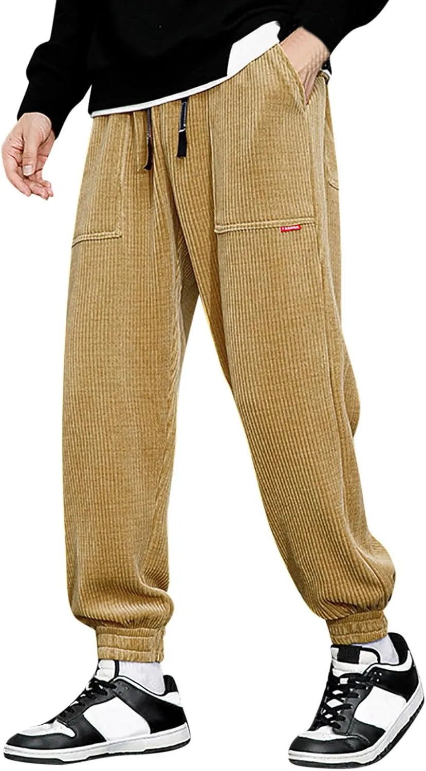 Men's Fall Corduroy Joggers Cargo Pants Drawstring Elastic Waist Baggy Tapered Causal Cuffed Trousers with Pockets