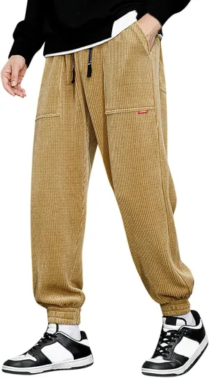 Men's Fall Corduroy Joggers Cargo Pants Drawstring Elastic Waist Baggy Tapered Causal Cuffed Trousers with Pockets