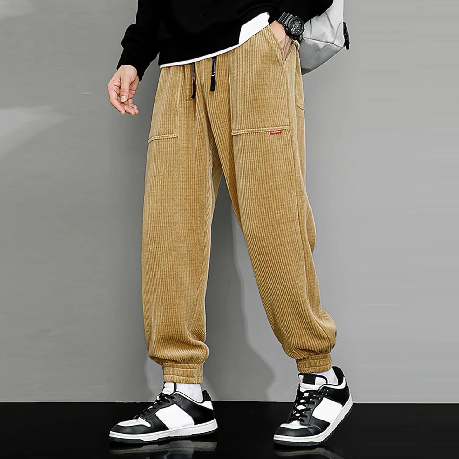 Men's Fall Corduroy Joggers Cargo Pants Drawstring Elastic Waist Baggy Tapered Causal Cuffed Trousers with Pockets