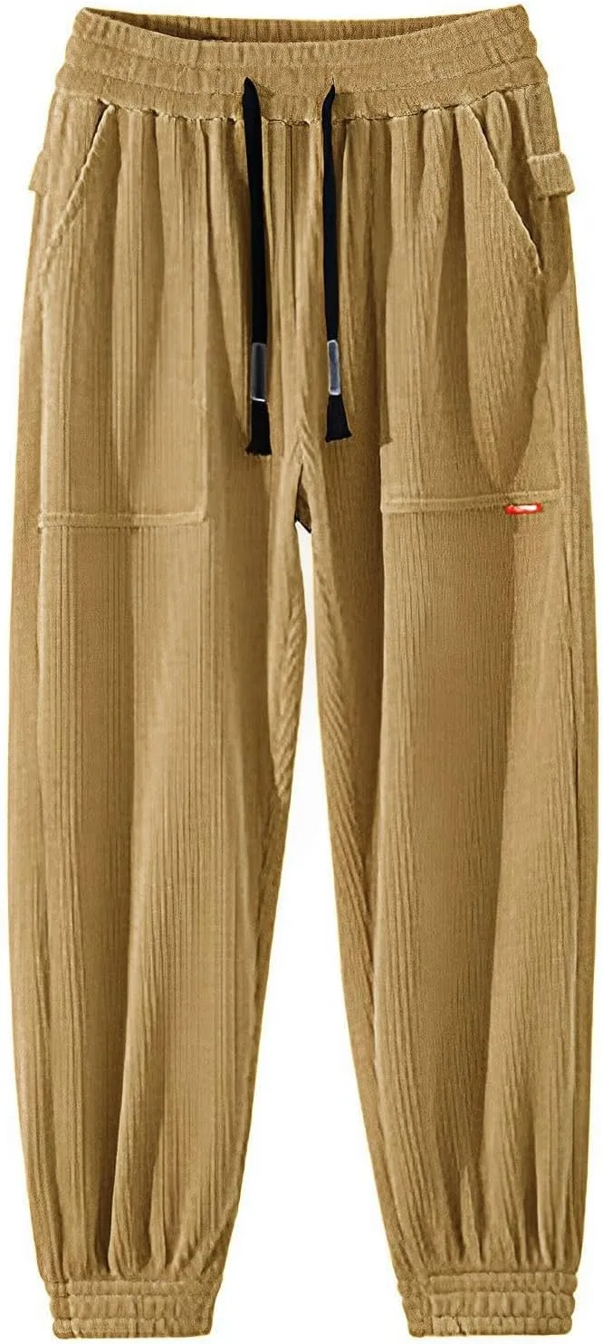 Men's Fall Corduroy Joggers Cargo Pants Drawstring Elastic Waist Baggy Tapered Causal Cuffed Trousers with Pockets