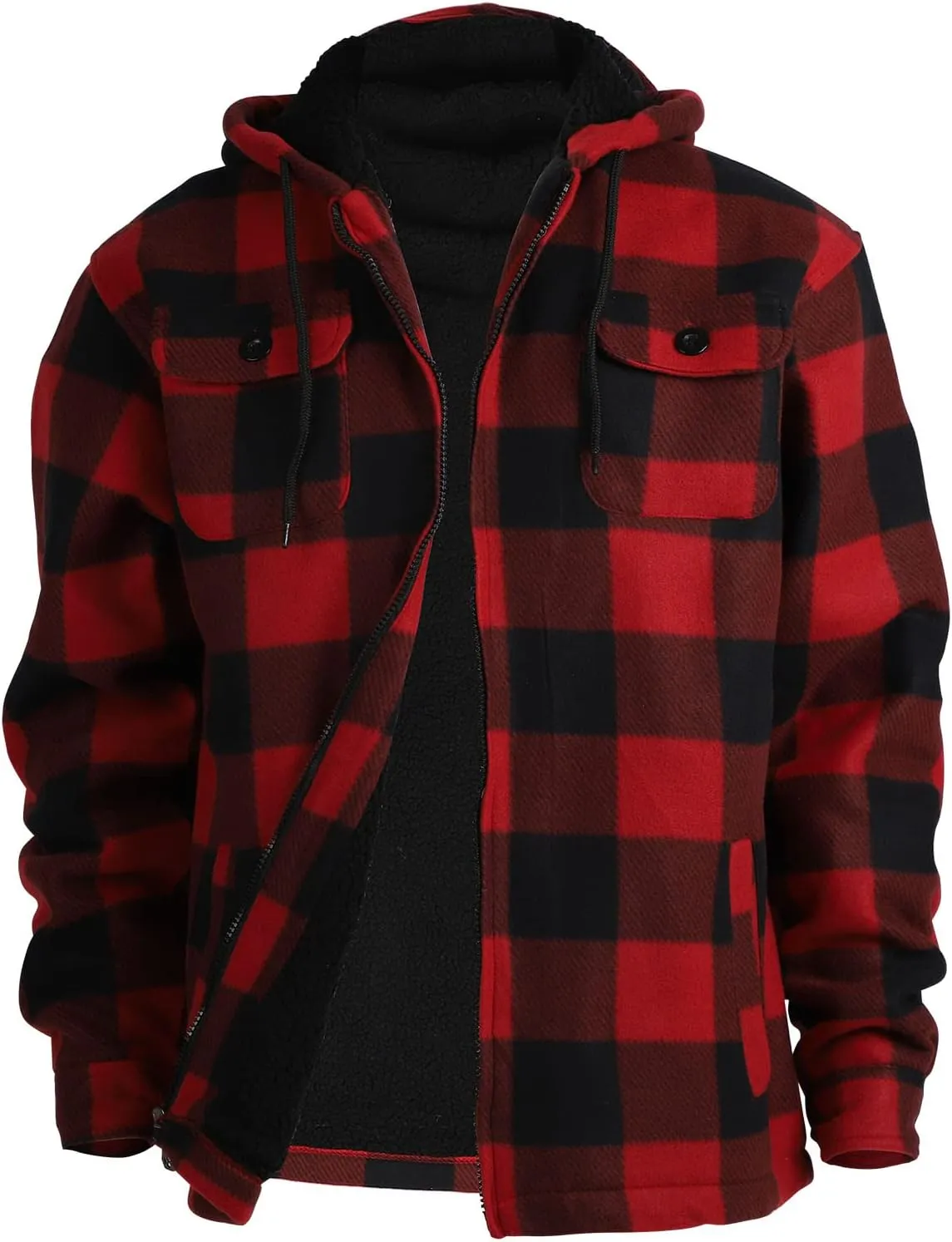 Mens Flannel Jackets Sherpa Lined Fleece Zip Up Winter Warm Workout Plaid Sweatshirt with Hood
