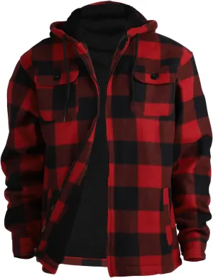 Mens Flannel Jackets Sherpa Lined Fleece Zip Up Winter Warm Workout Plaid Sweatshirt with Hood
