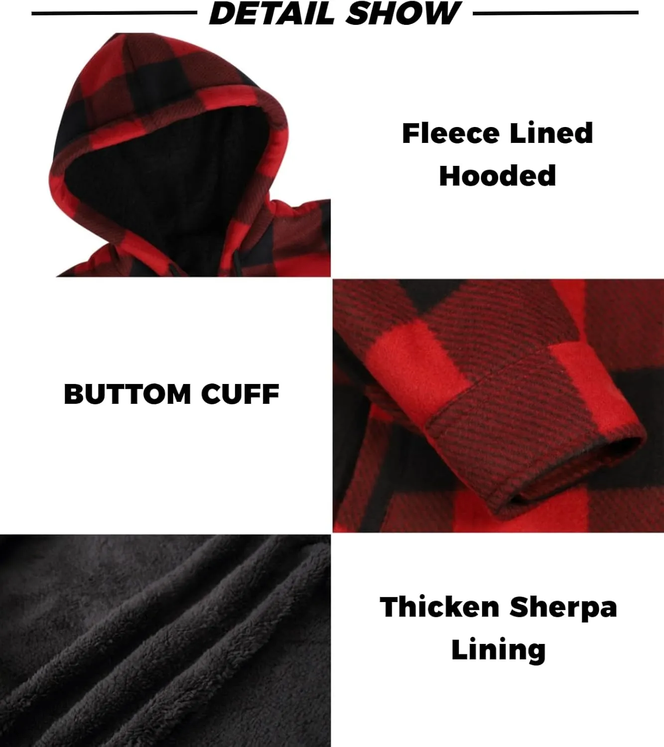 Mens Flannel Jackets Sherpa Lined Fleece Zip Up Winter Warm Workout Plaid Sweatshirt with Hood