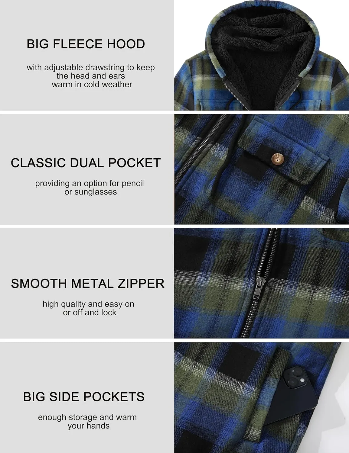 Men's Flannel Plaid Hooded Jackets Full Zip Sherpa Fleece Lined Hoodies Fashion Warm Coat