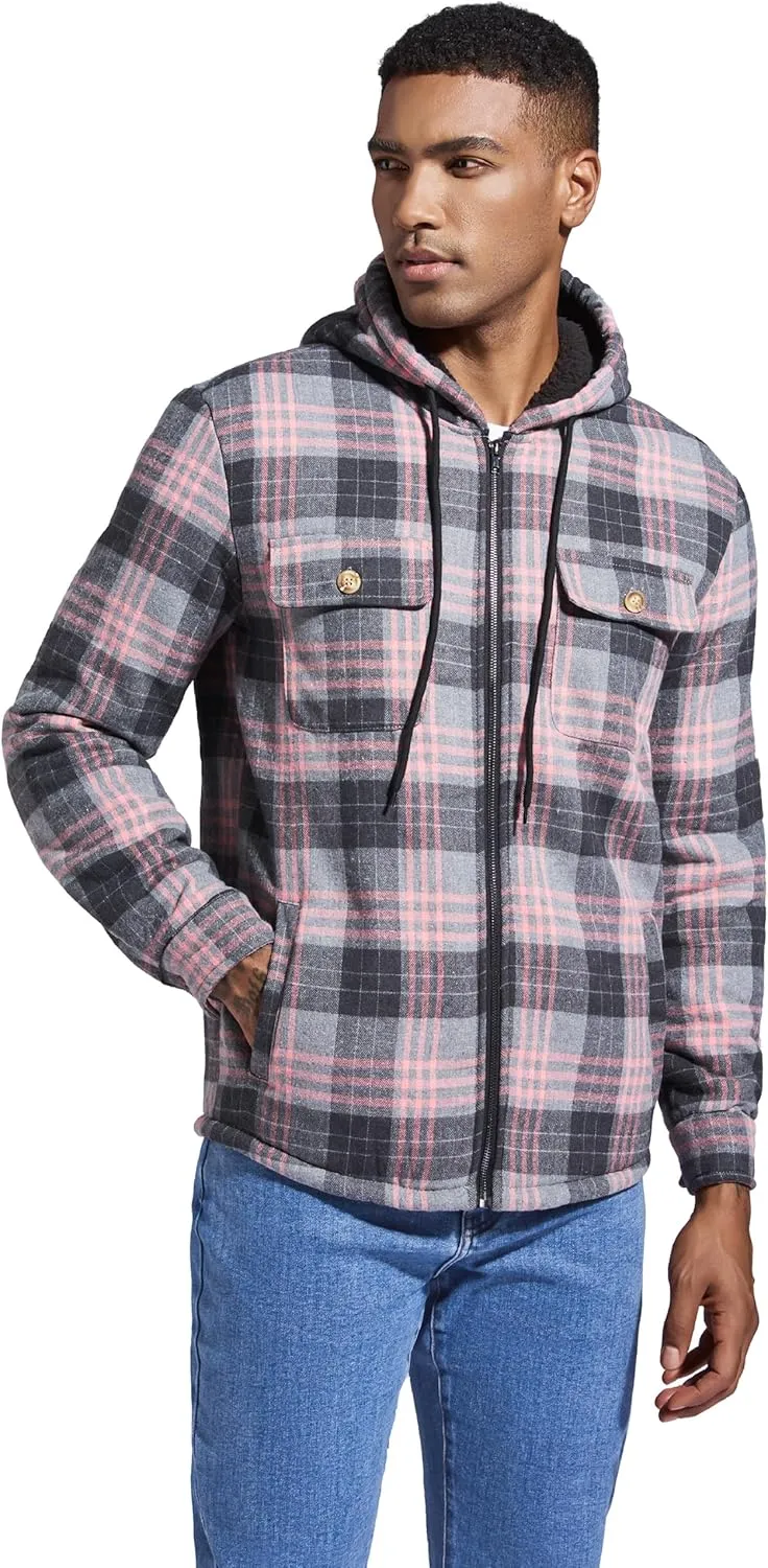 Men's Flannel Plaid Hooded Jackets Full Zip Sherpa Fleece Lined Hoodies Fashion Warm Coat