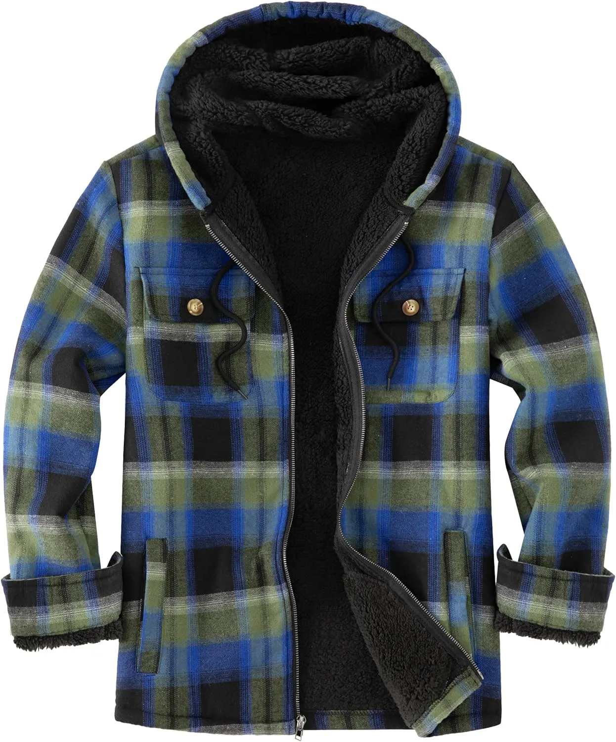 Men's Flannel Plaid Hooded Jackets Full Zip Sherpa Fleece Lined Hoodies Fashion Warm Coat