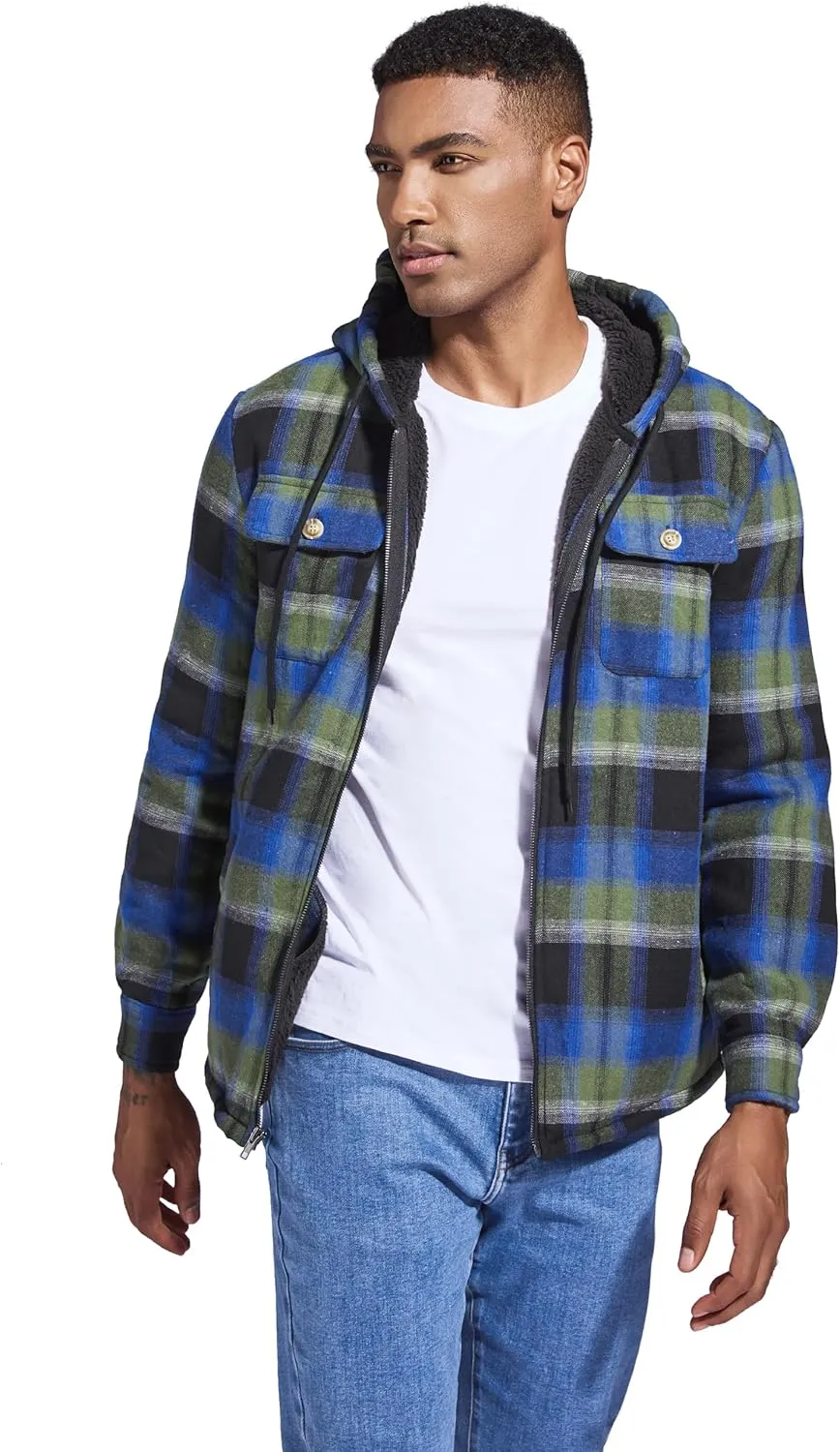Men's Flannel Plaid Hooded Jackets Full Zip Sherpa Fleece Lined Hoodies Fashion Warm Coat