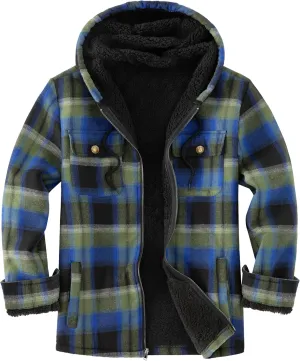 Men's Flannel Plaid Hooded Jackets Full Zip Sherpa Fleece Lined Hoodies Fashion Warm Coat