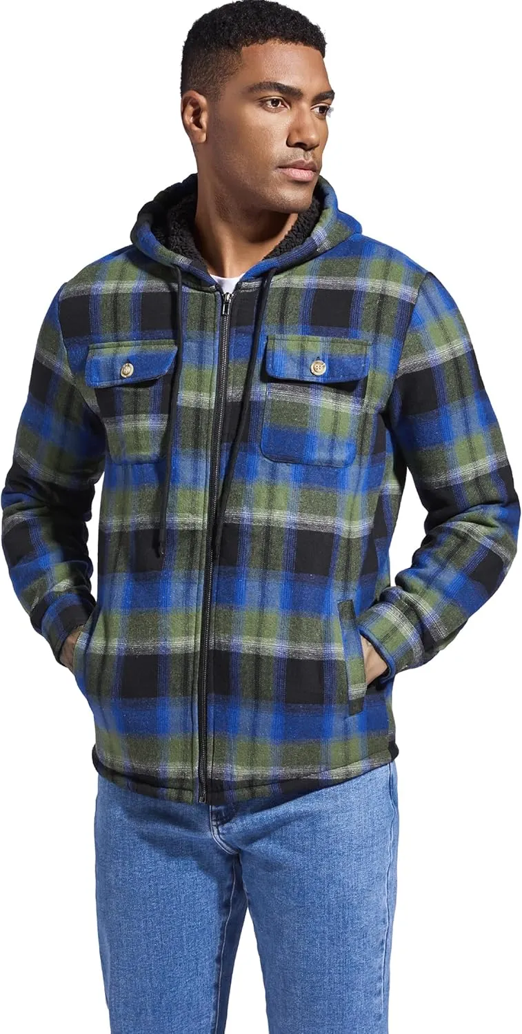 Men's Flannel Plaid Hooded Jackets Full Zip Sherpa Fleece Lined Hoodies Fashion Warm Coat