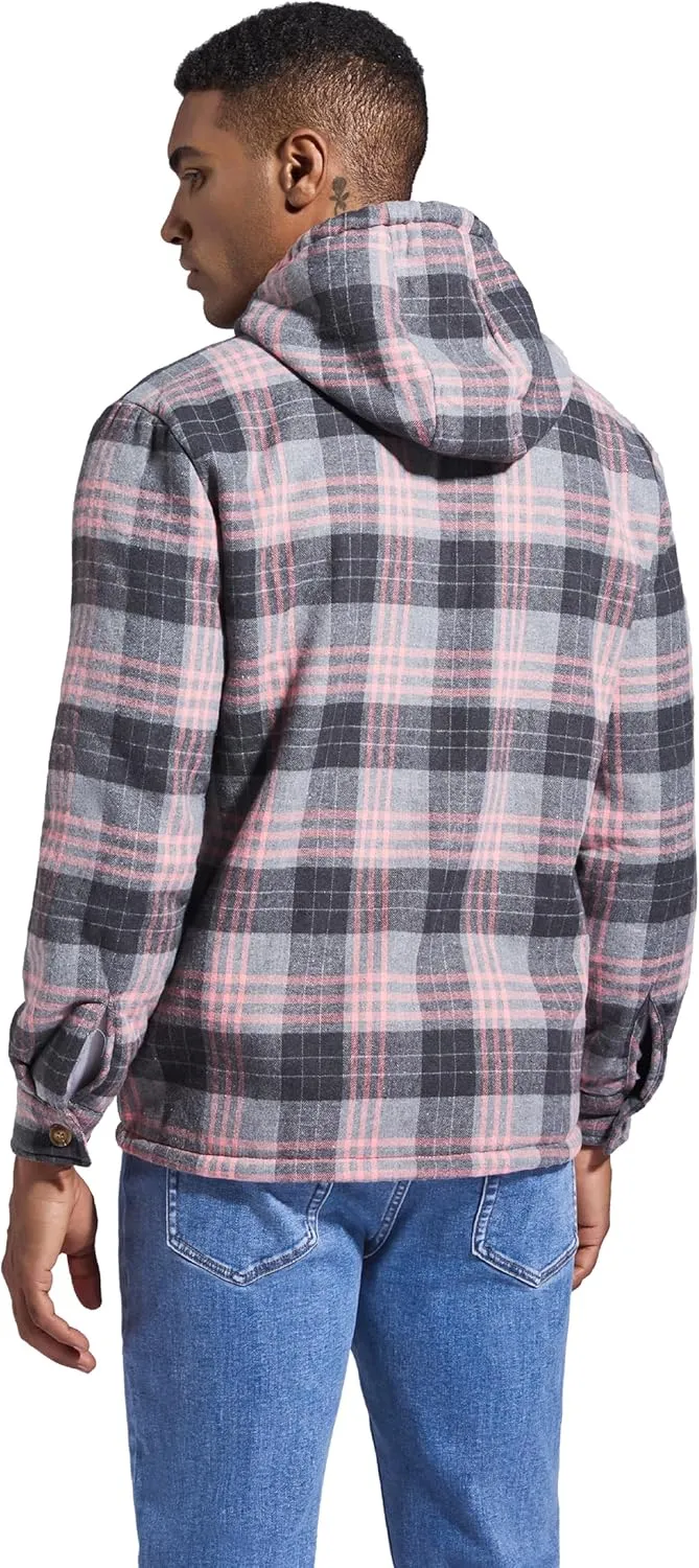Men's Flannel Plaid Hooded Jackets Full Zip Sherpa Fleece Lined Hoodies Fashion Warm Coat