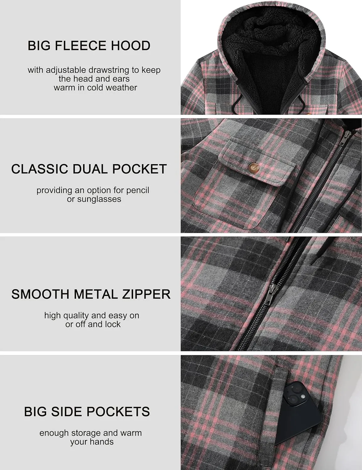 Men's Flannel Plaid Hooded Jackets Full Zip Sherpa Fleece Lined Hoodies Fashion Warm Coat