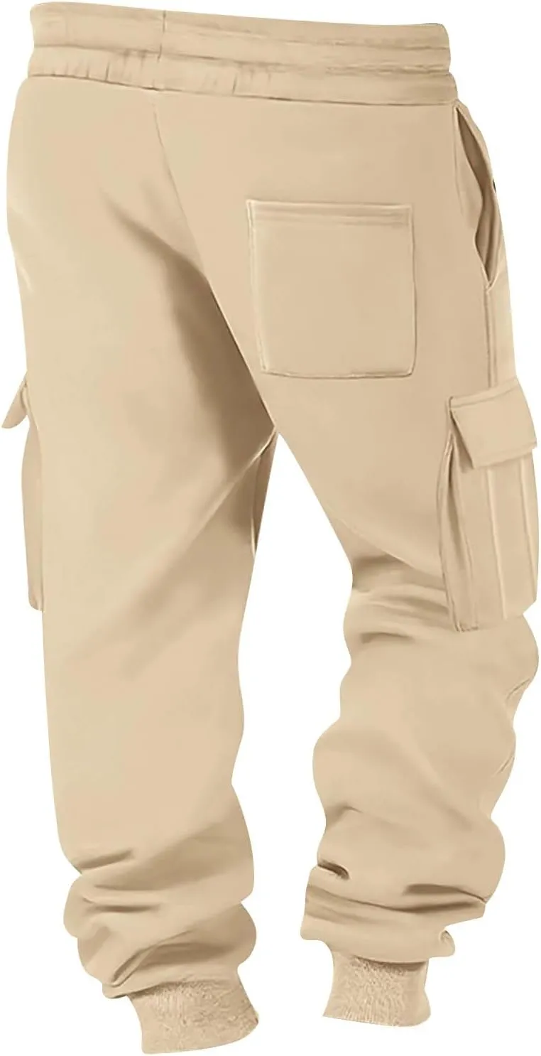 Mens Hiking Cargo Pants Large Elastic Waist Pants with Multi-Pocket Fit Drawstring Wide Trousers