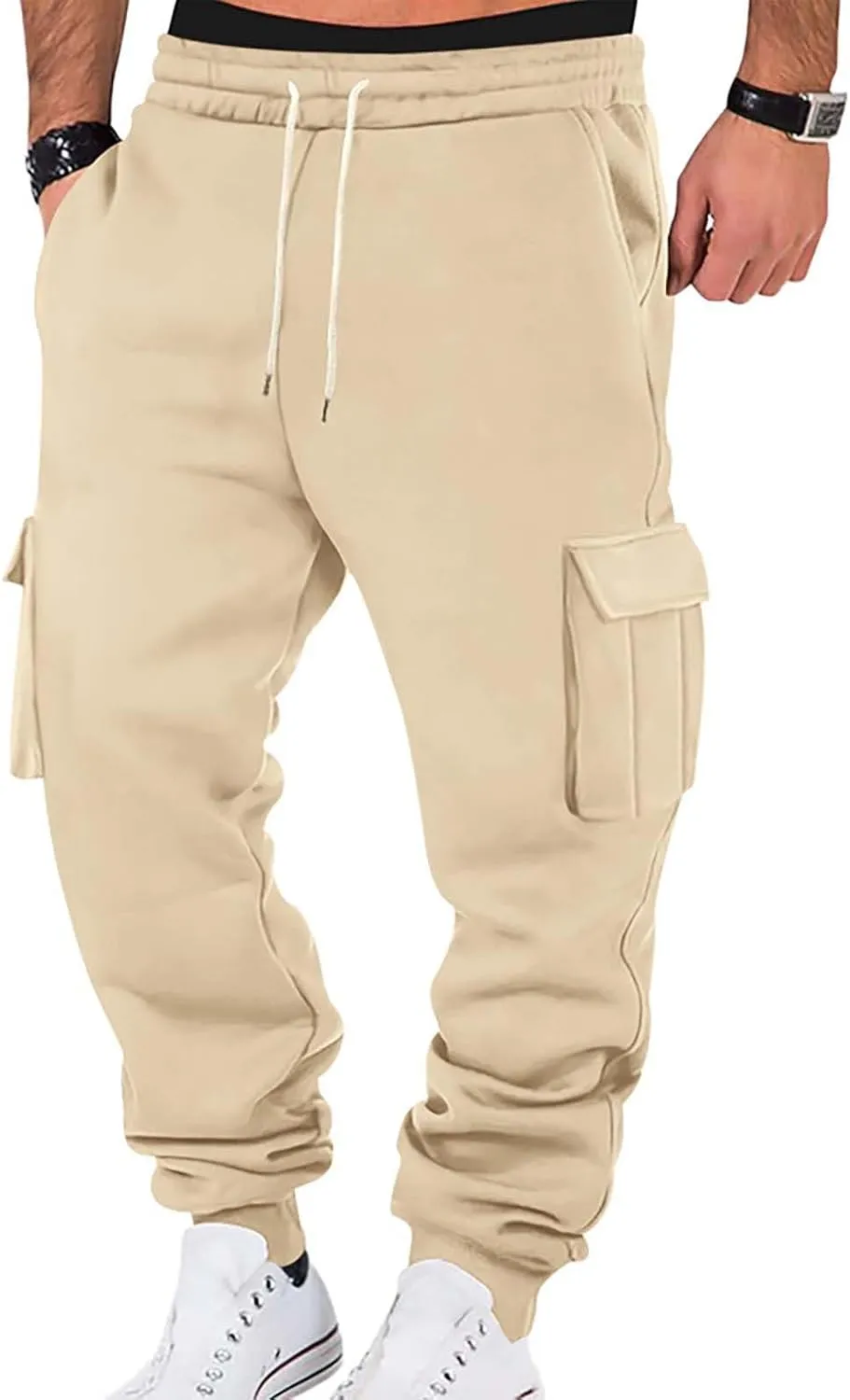 Mens Hiking Cargo Pants Large Elastic Waist Pants with Multi-Pocket Fit Drawstring Wide Trousers