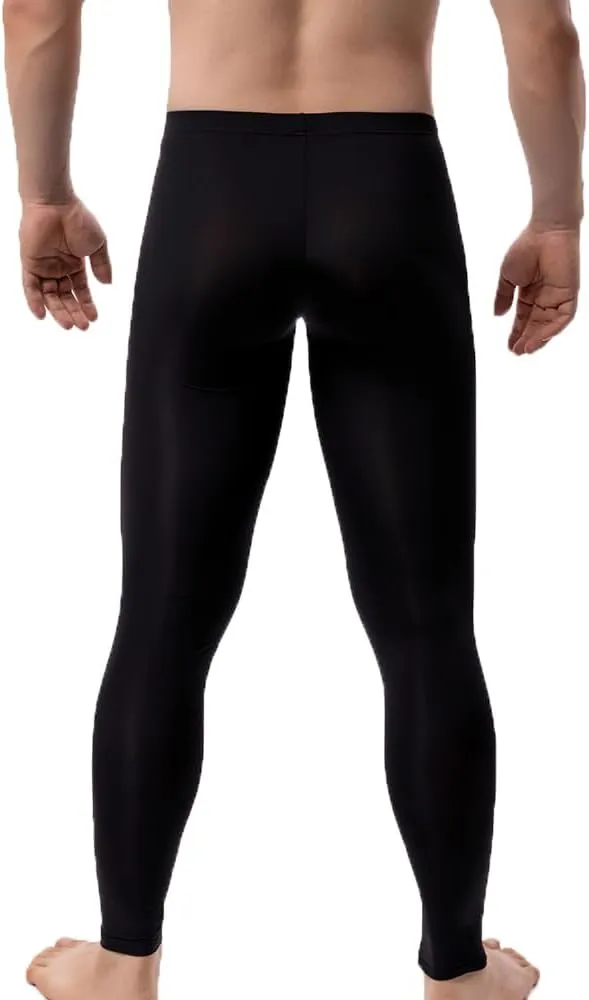Men's Ice Silk Sheer Leggings Pants Underwear Bottoms Low Rise Elastic Trousers Long Johns
