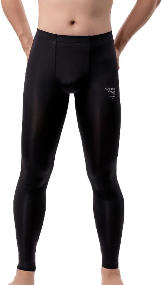Men's Ice Silk Sheer Leggings Pants Underwear Bottoms Low Rise Elastic Trousers Long Johns