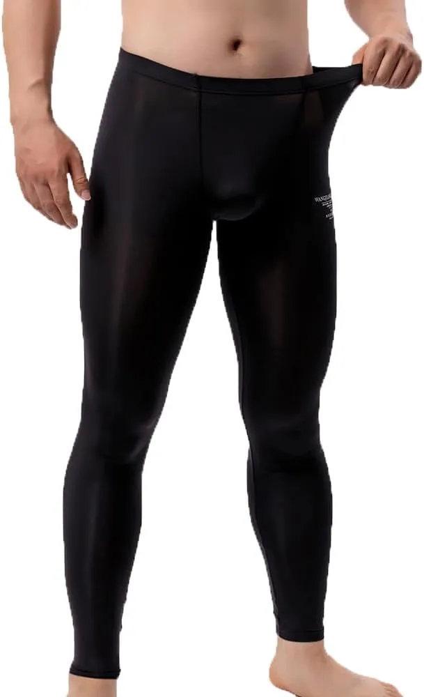 Men's Ice Silk Sheer Leggings Pants Underwear Bottoms Low Rise Elastic Trousers Long Johns