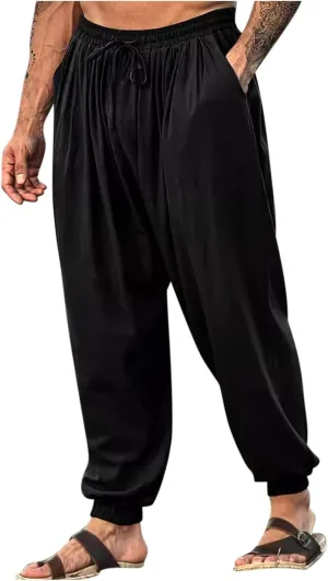 Mens Linen Harem Pants Casual Loose Fit Beach Drawstring Elastic Waist Yoga Trousers Vintage Fashion with Pockets