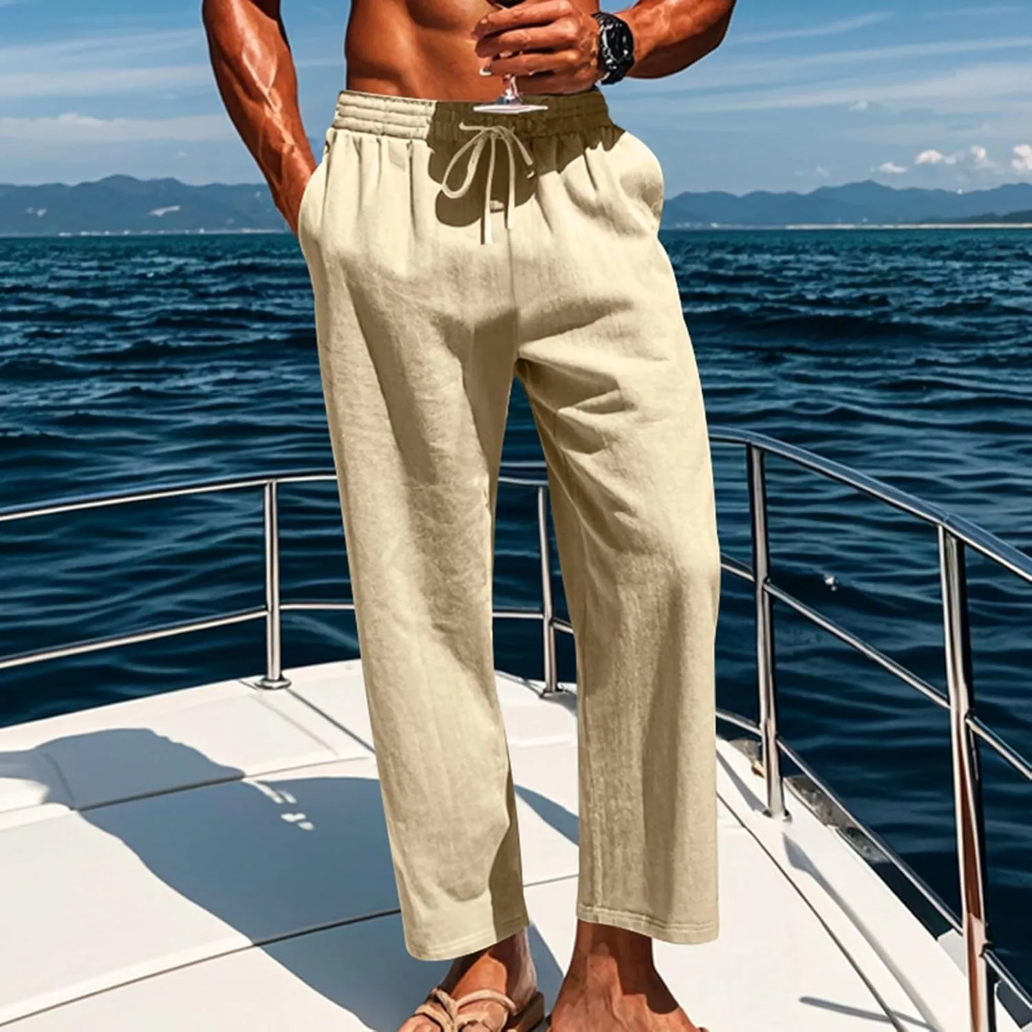 Mens Linen Pants Yoga Beach Loose Fit Casual Summer Elastic Waist Drawstring Baggy Trousers with Pockets