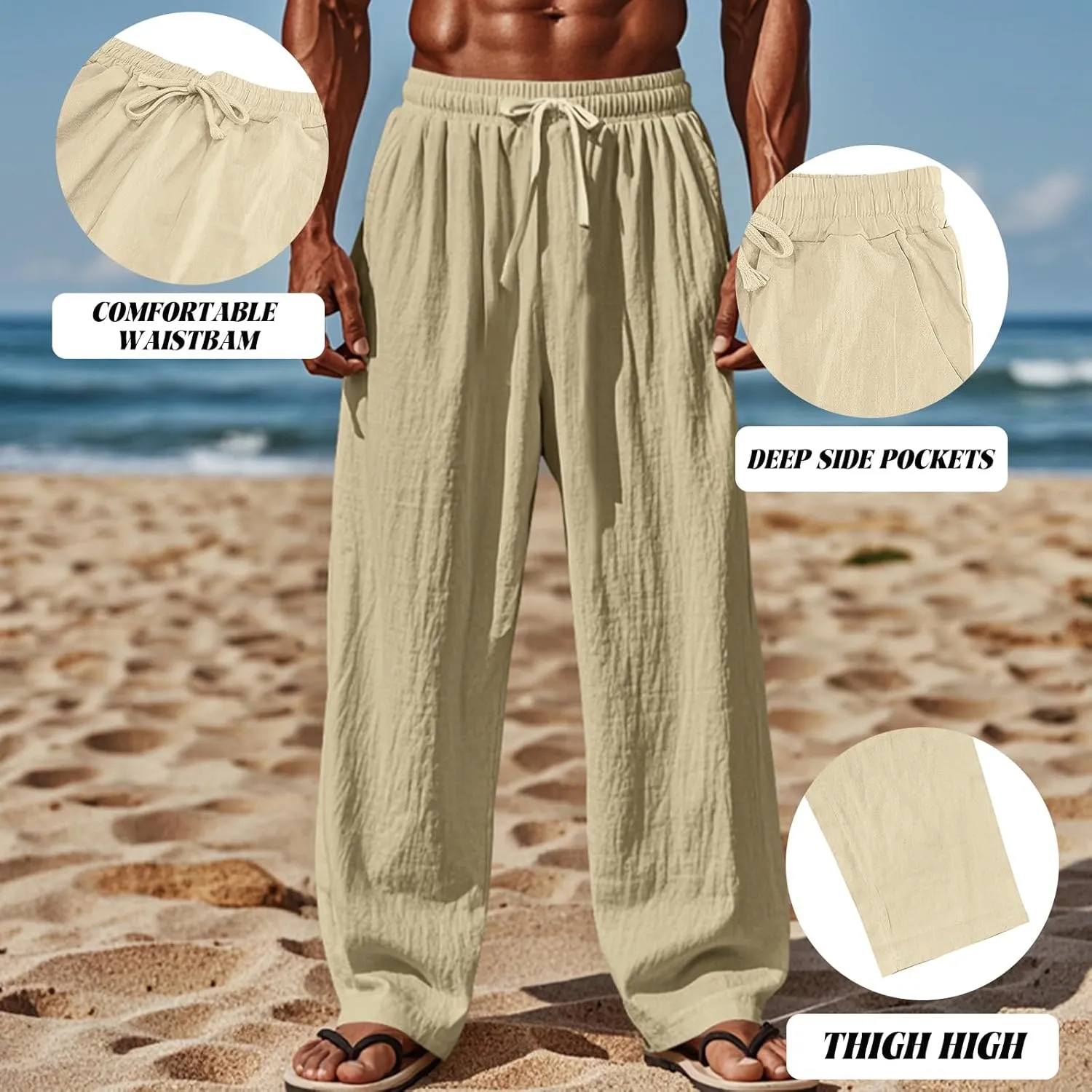 Mens Linen Pants Yoga Beach Loose Fit Casual Summer Elastic Waist Drawstring Baggy Trousers with Pockets