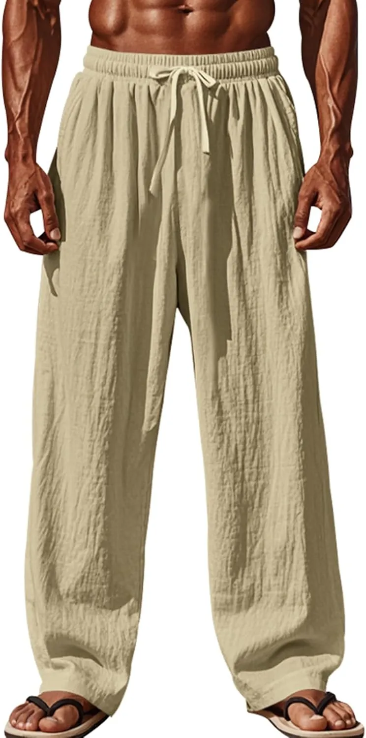 Mens Linen Pants Yoga Beach Loose Fit Casual Summer Elastic Waist Drawstring Baggy Trousers with Pockets
