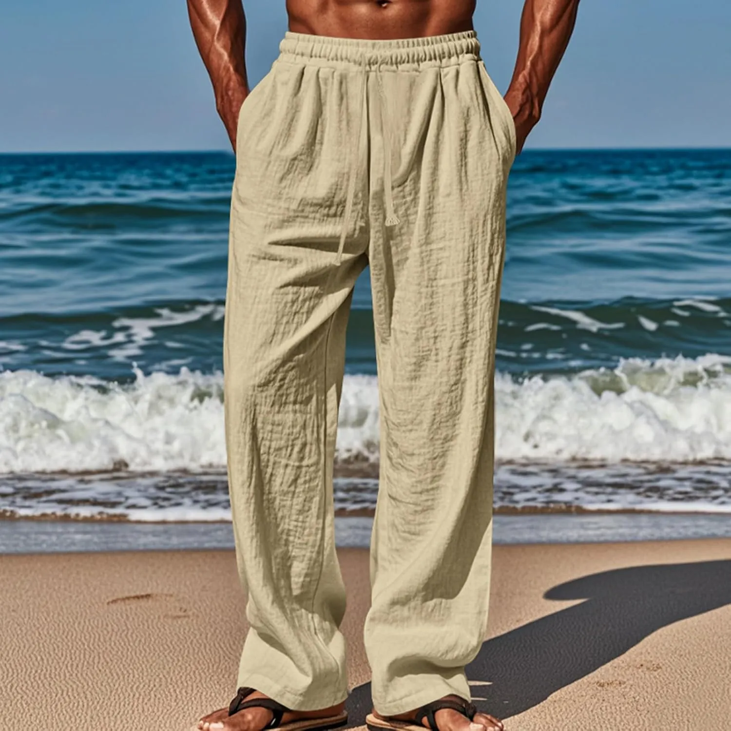 Mens Linen Pants Yoga Beach Loose Fit Casual Summer Elastic Waist Drawstring Baggy Trousers with Pockets