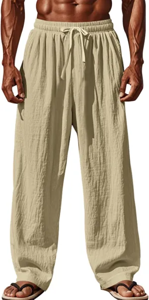 Mens Linen Pants Yoga Beach Loose Fit Casual Summer Elastic Waist Drawstring Baggy Trousers with Pockets