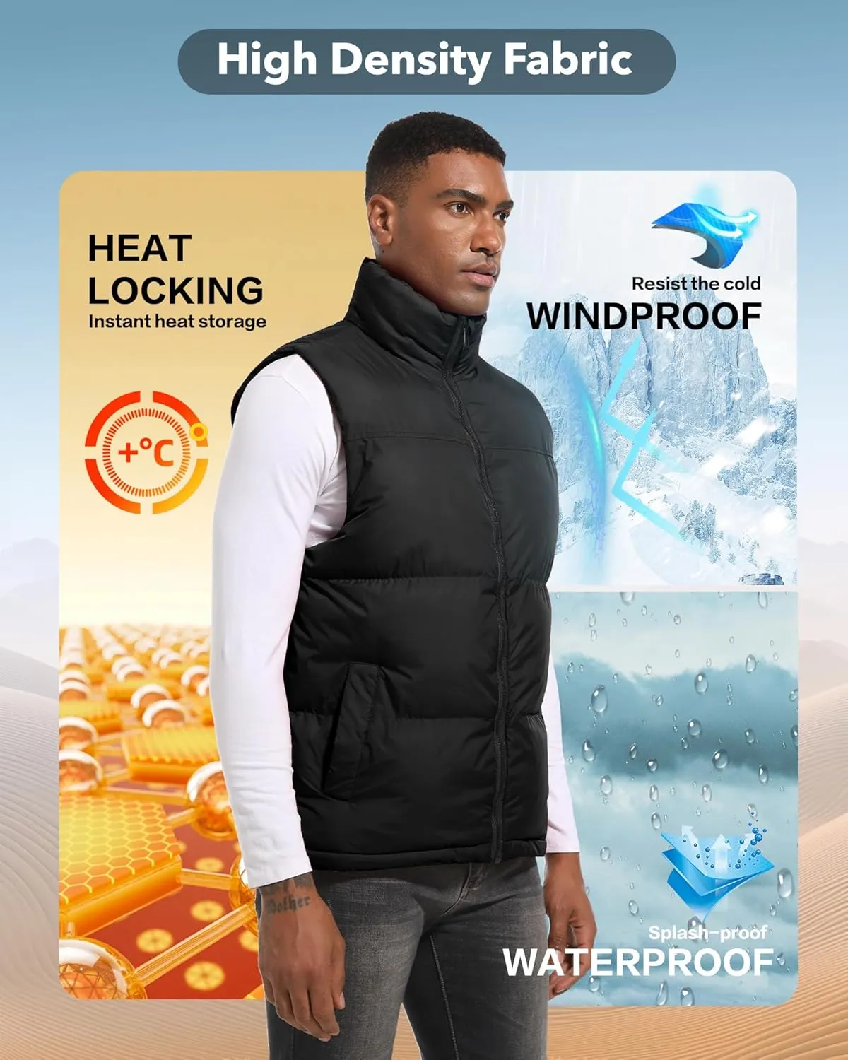 Mens Puffer Vest Winter Warm Puffy Vest Jacket for Men Stand Collar Sleeveless Coat with Pockets Casual Outwear