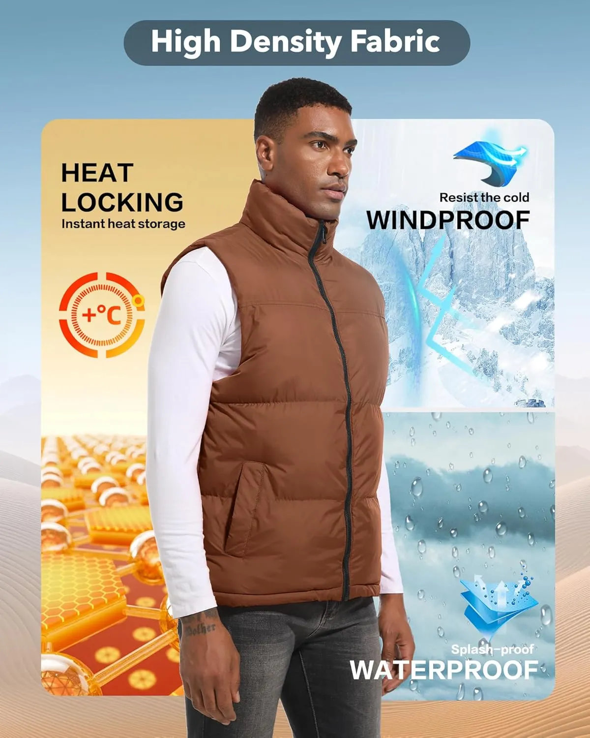 Mens Puffer Vest Winter Warm Puffy Vest Jacket for Men Stand Collar Sleeveless Coat with Pockets Casual Outwear