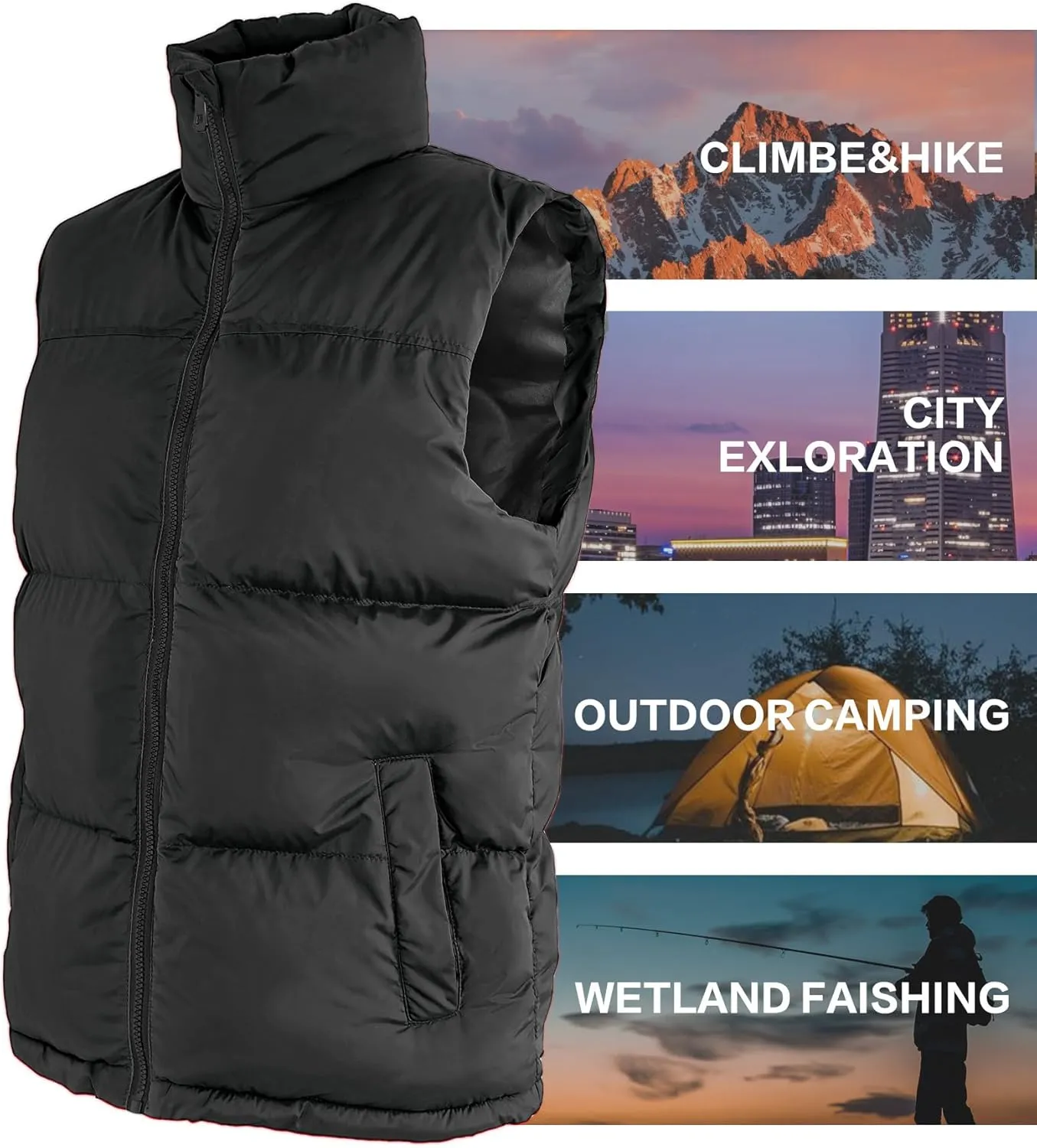 Mens Puffer Vest Winter Warm Puffy Vest Jacket for Men Stand Collar Sleeveless Coat with Pockets Casual Outwear