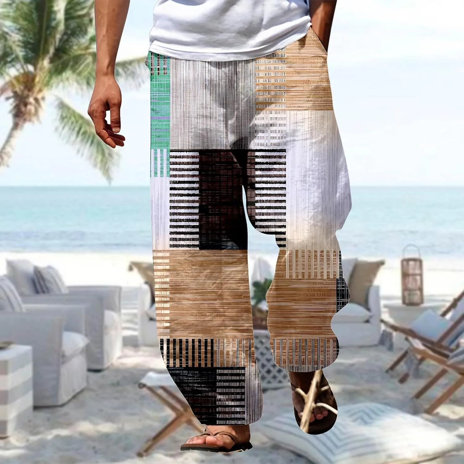 Mens Quick Drying Plus Size Baggy Casual Traveling Pants Color Block Trousers Lightweight Summer Elastic Waist Palazzo 2024