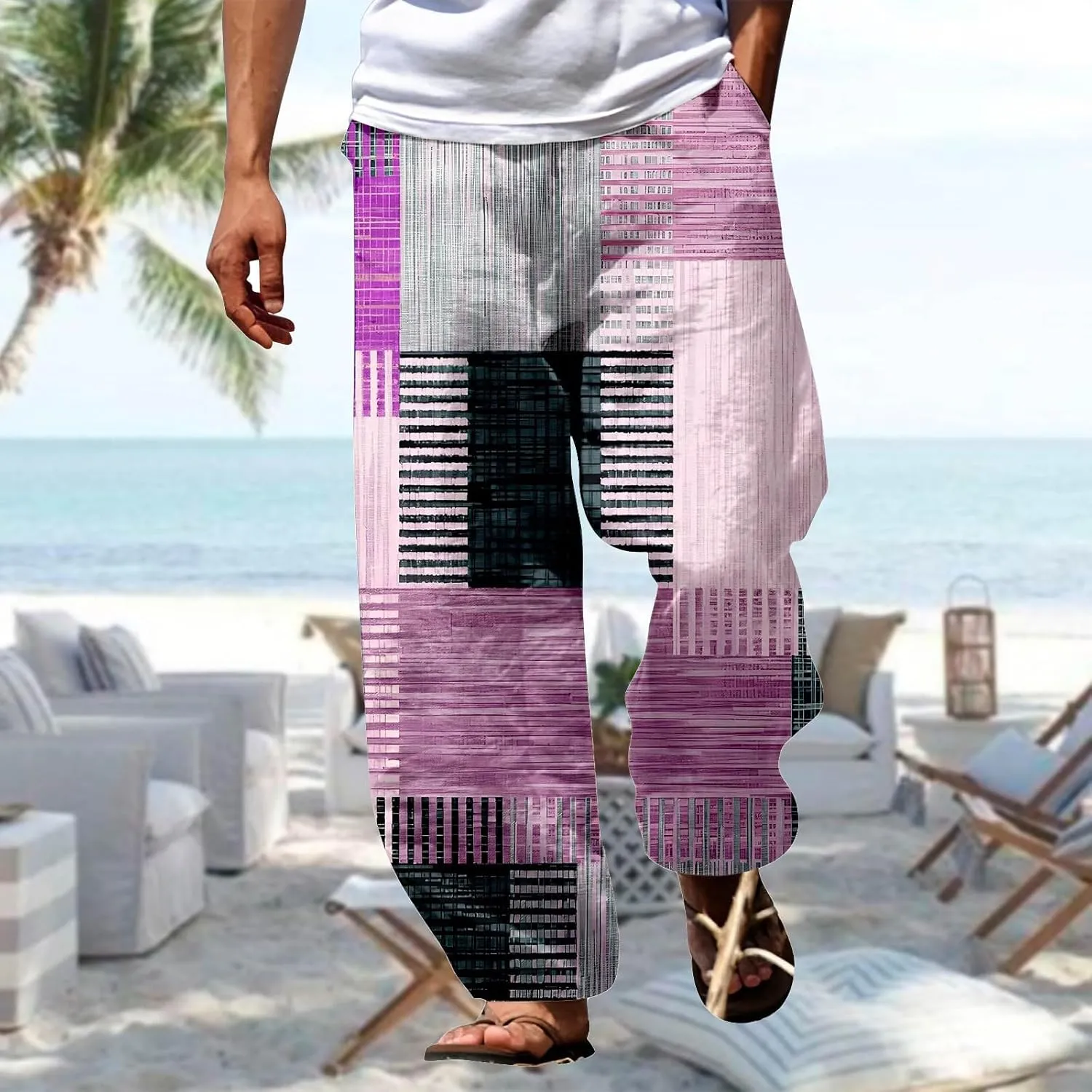 Mens Quick Drying Plus Size Baggy Casual Traveling Pants Color Block Trousers Lightweight Summer Elastic Waist Palazzo 2024