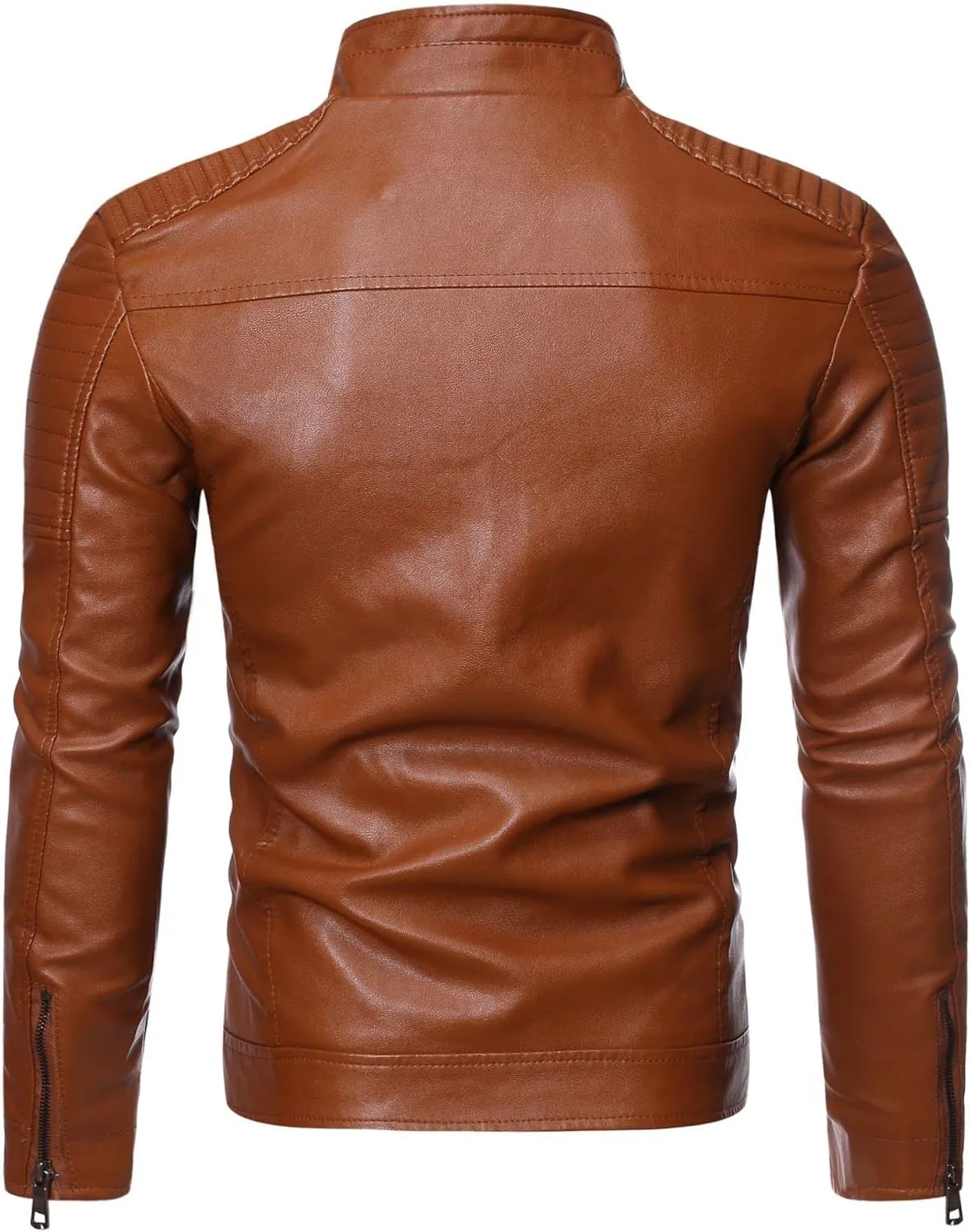 Men's Stand Collar Faux Leather Jacket Casual Zip Up Leather Biker Outwear Solid Color Slim Punk Motorcycle Jacket